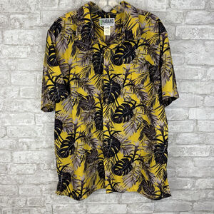 Haband‎ Shirt Mens Large Yellow Black Floral Tropical All Over Print Hawaii